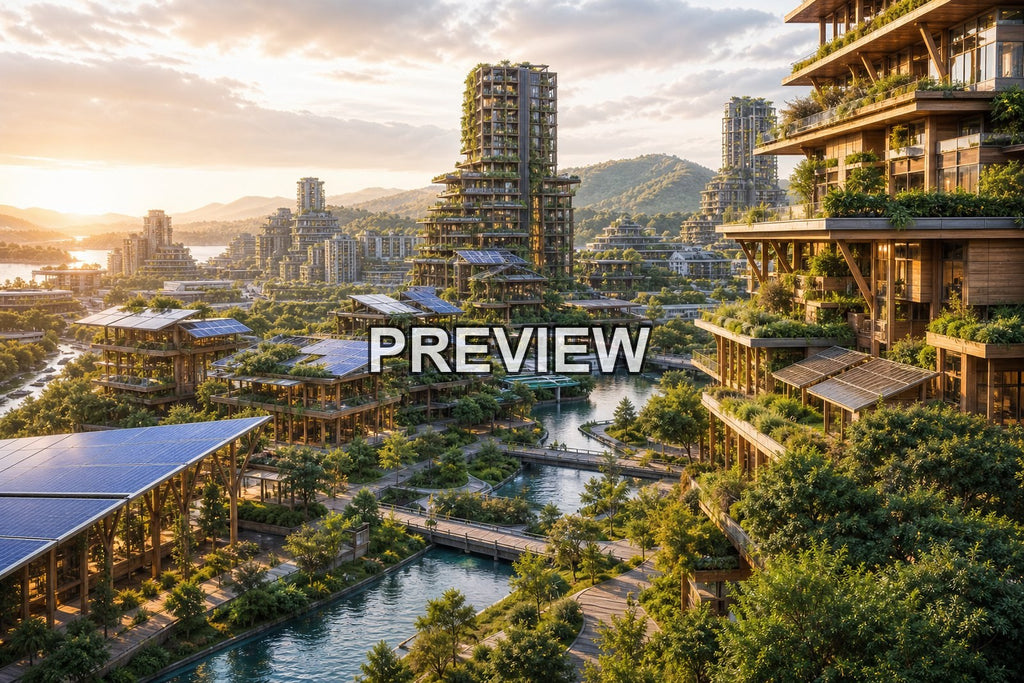 Green Solarpunk Cities – 10 Desktop & Phone Wallpaper Bundle – preview 1