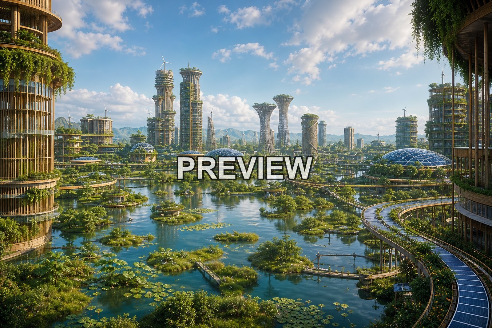 Green Solarpunk Cities – 10 Desktop & Phone Wallpaper Bundle – preview 7